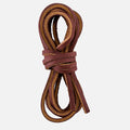 Flat leather boot laces coiled and tied in a bundle, showing natural grain texture