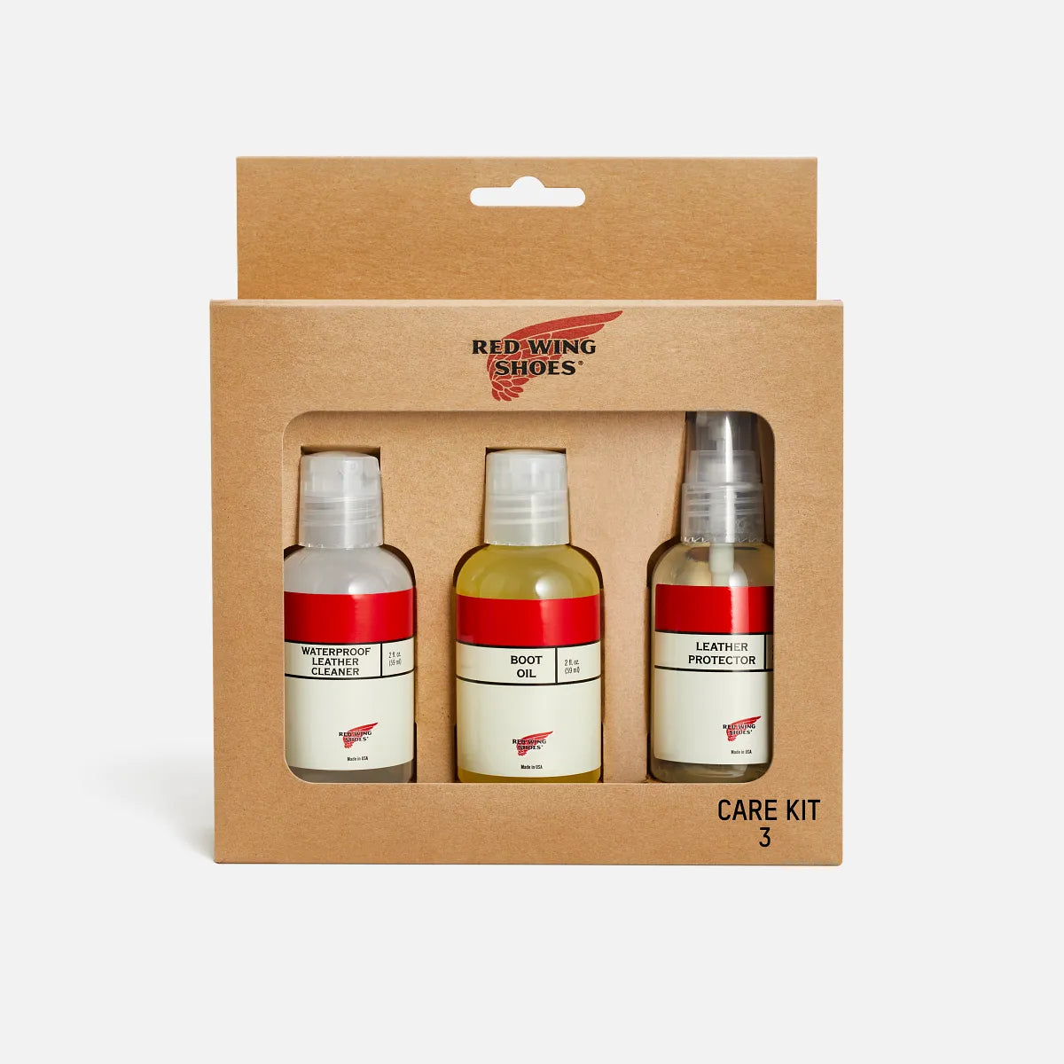 Red Wing Shoes Care Kit 3 containing waterproof leather cleaner, boot oil, and leather protector