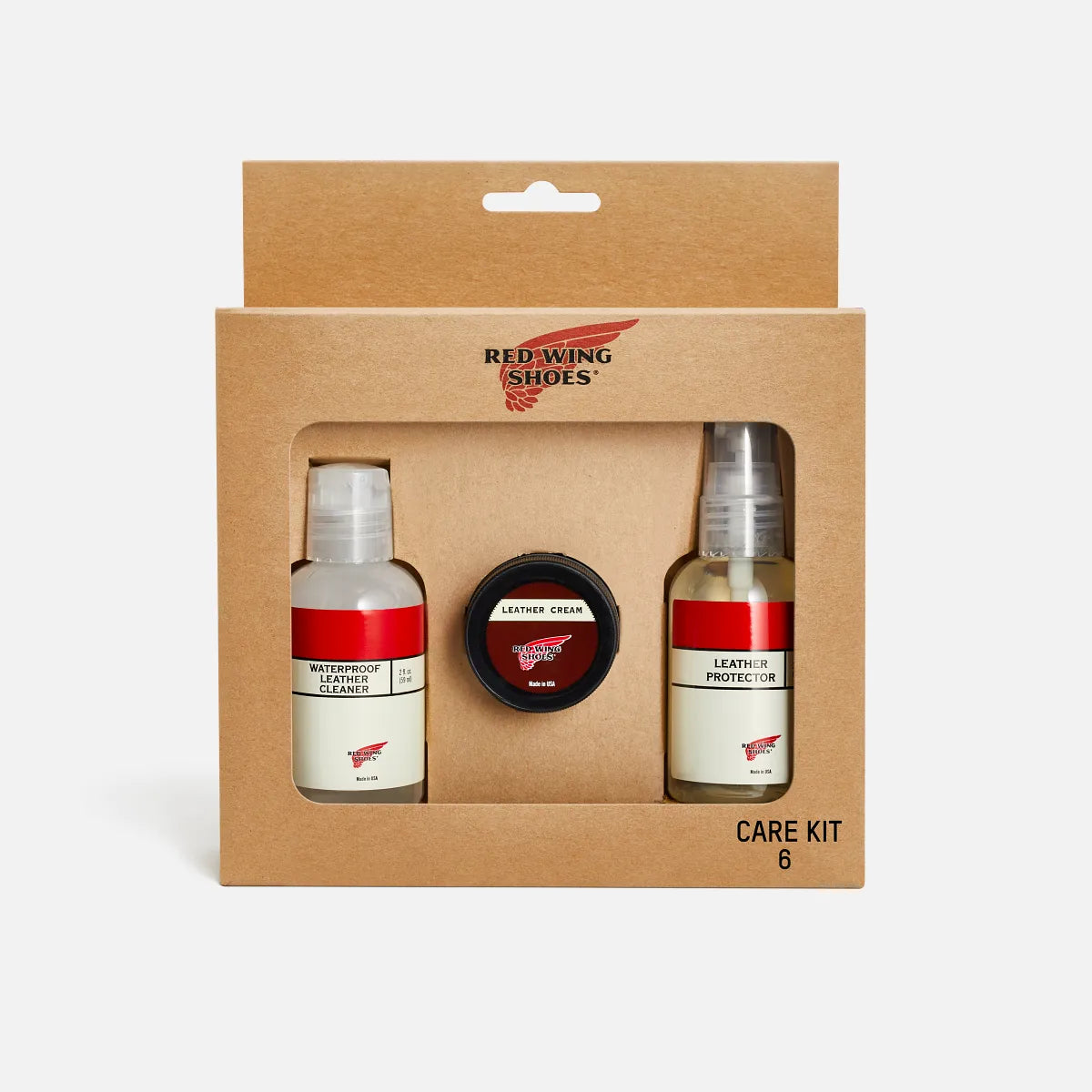 Red Wing Shoes Care Kit 6 with leather cleaner, leather cream, and leather protector in kraft box