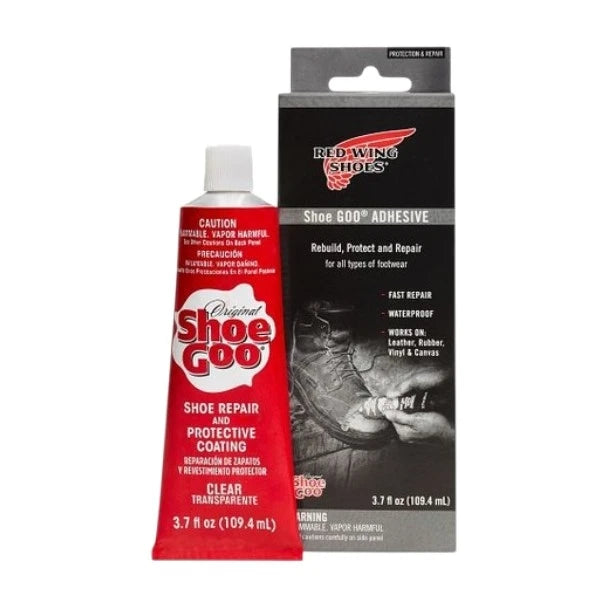 Shoe Goo adhesive tube and Red Wing branded packaging box for shoe repair