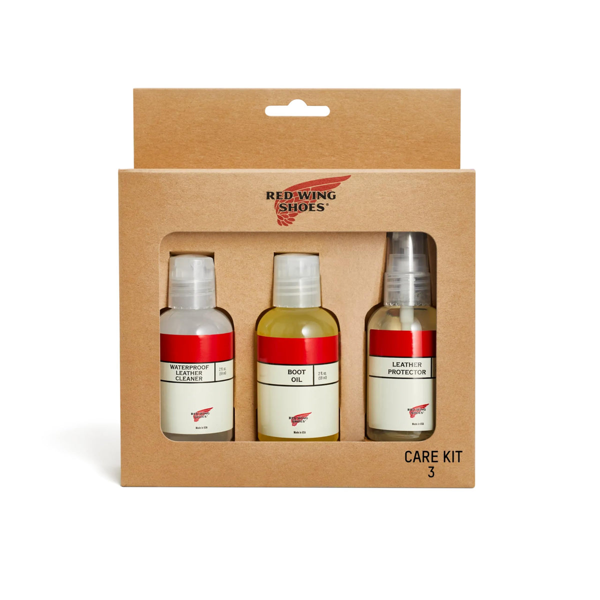 Red Wing Shoes Care Kit 3 with leather cleaner, boot oil, and leather protector in kraft box