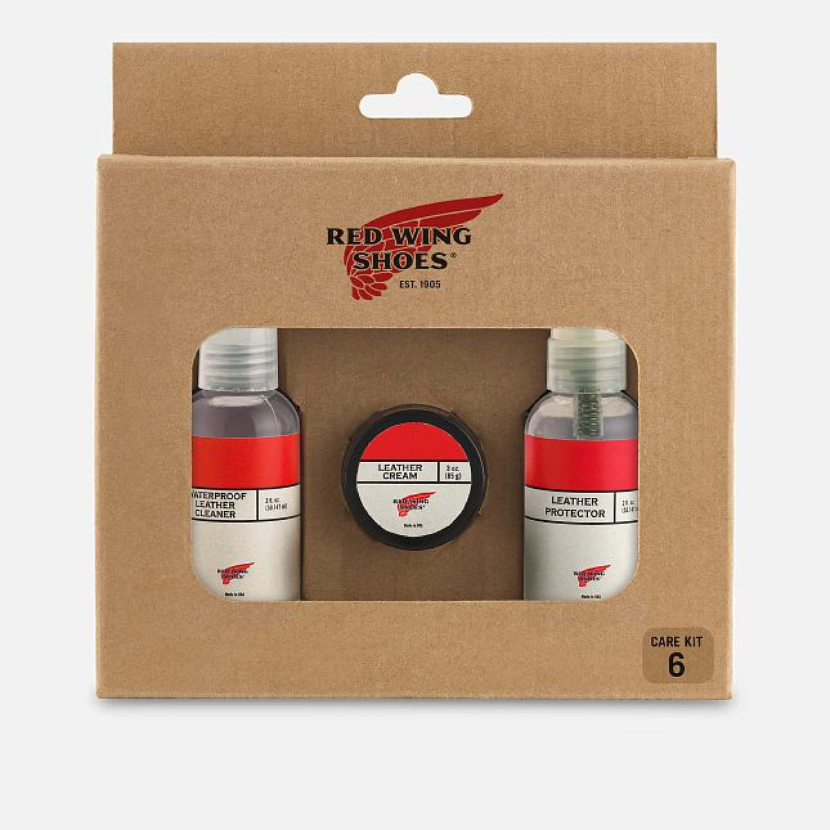 Red Wing Shoes Care Kit 6 with leather cleaner, cream, and protector in packaging