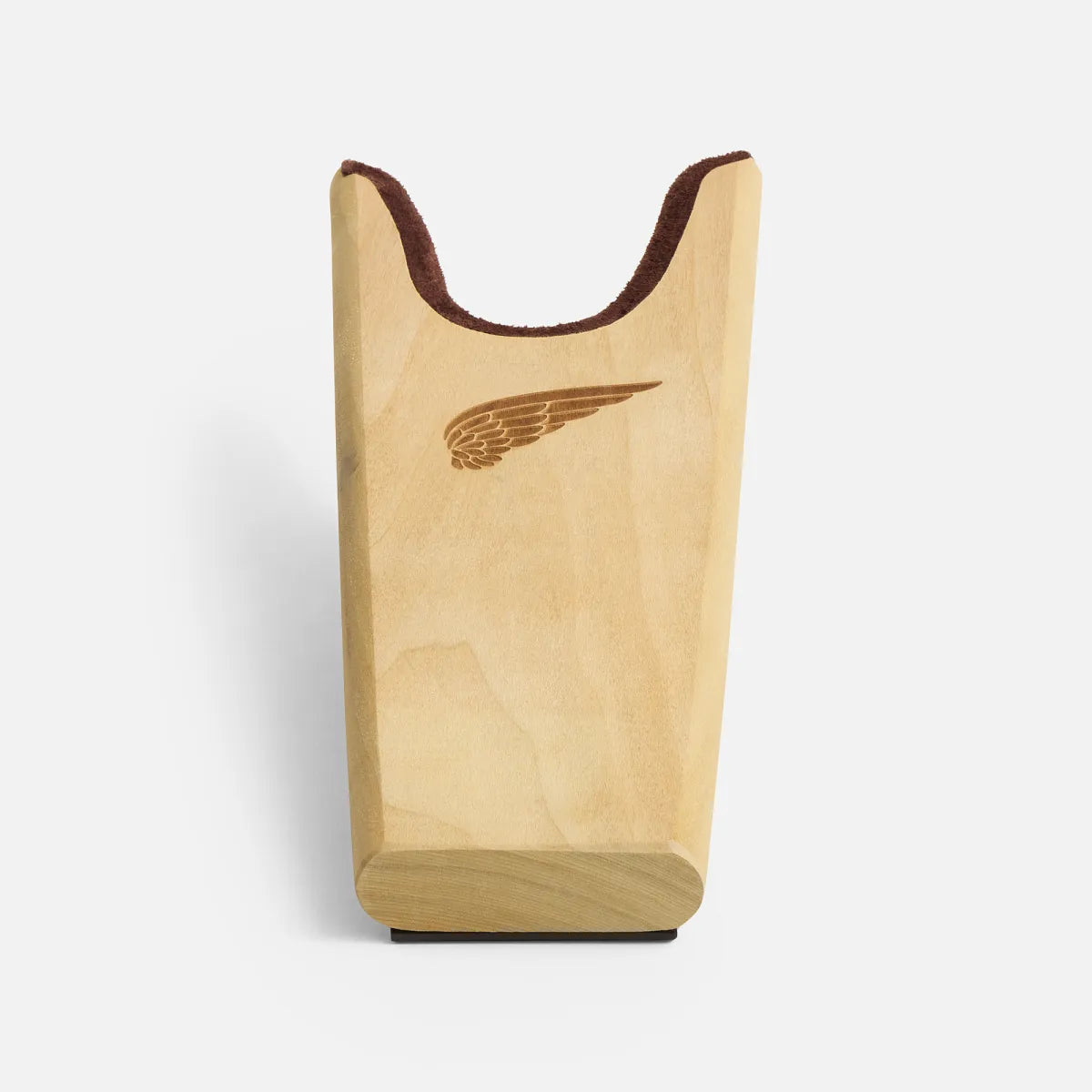 Red Wing wooden boot jack with engraved wing logo and brown suede lining at top