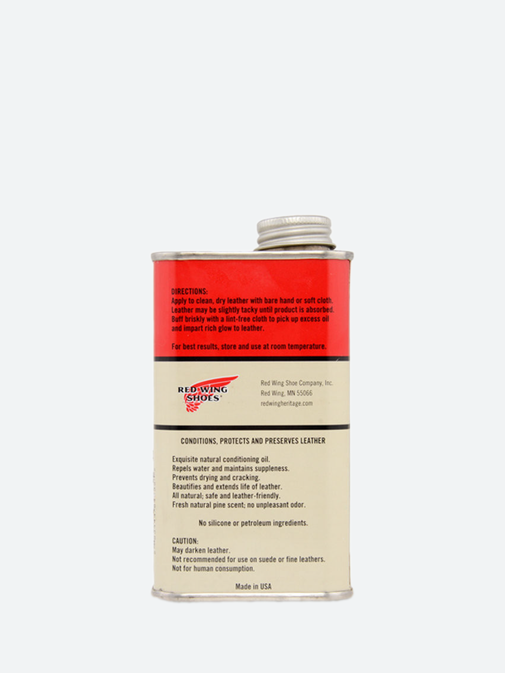 Red Wing Shoes All Natural Boot Oil in an 8 oz metal tin, back label view
