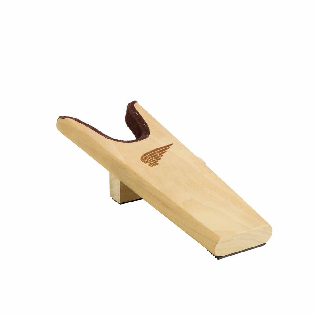 Red Wing wooden boot jack with leather heel grip and engraved wing logo