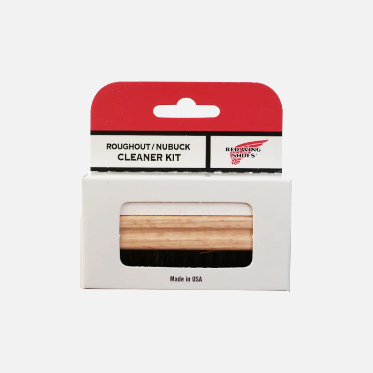 Red Wing Shoes Roughout Nubuck Cleaner Kit in retail packaging with wooden brush visible