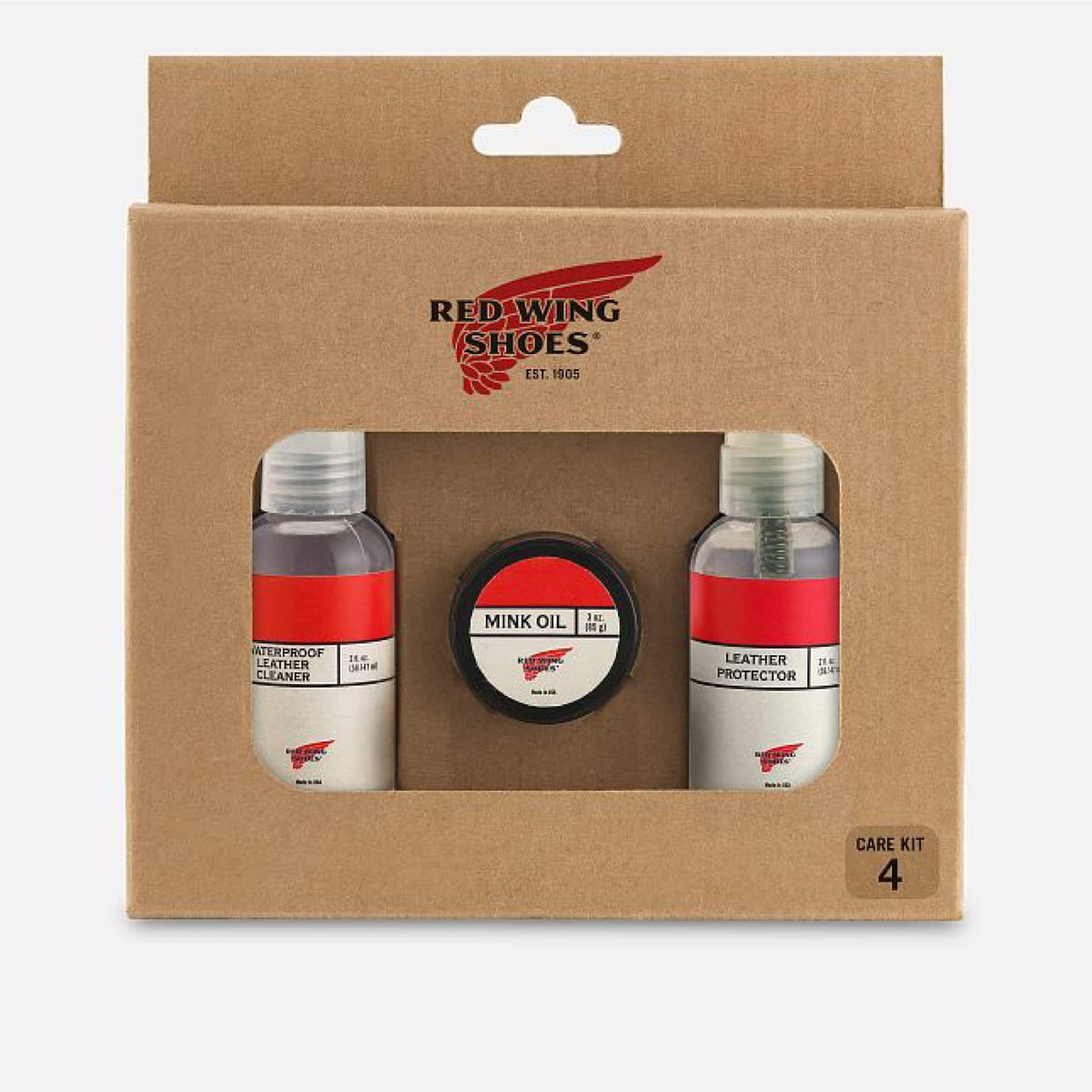 Red Wing Shoes Care Kit 4 containing waterproof leather cleaner, mink oil, and leather protector