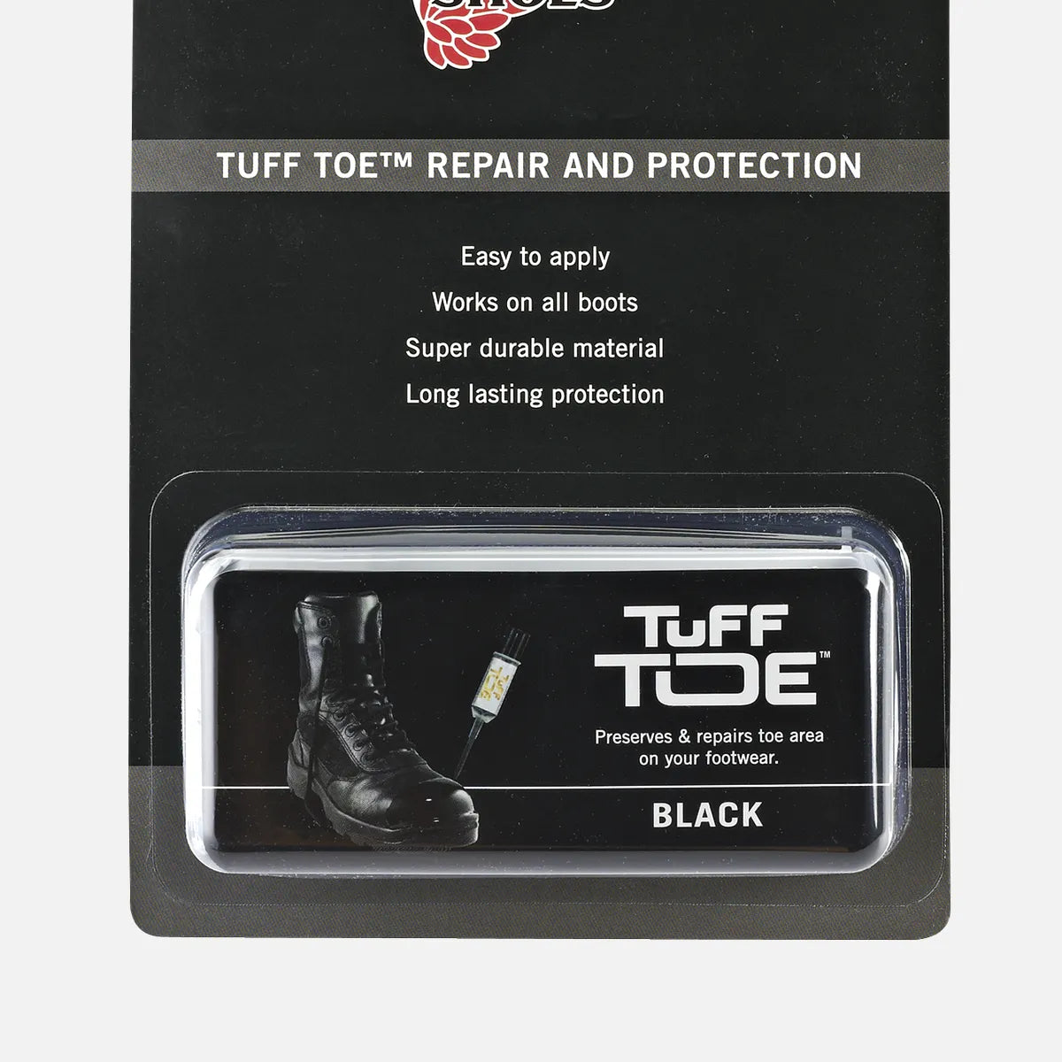 Tuff Toe black boot repair and protection product in retail blister packaging