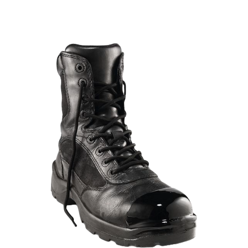 Black leather tactical boot with lace-up closure and glossy reinforced toe cap
