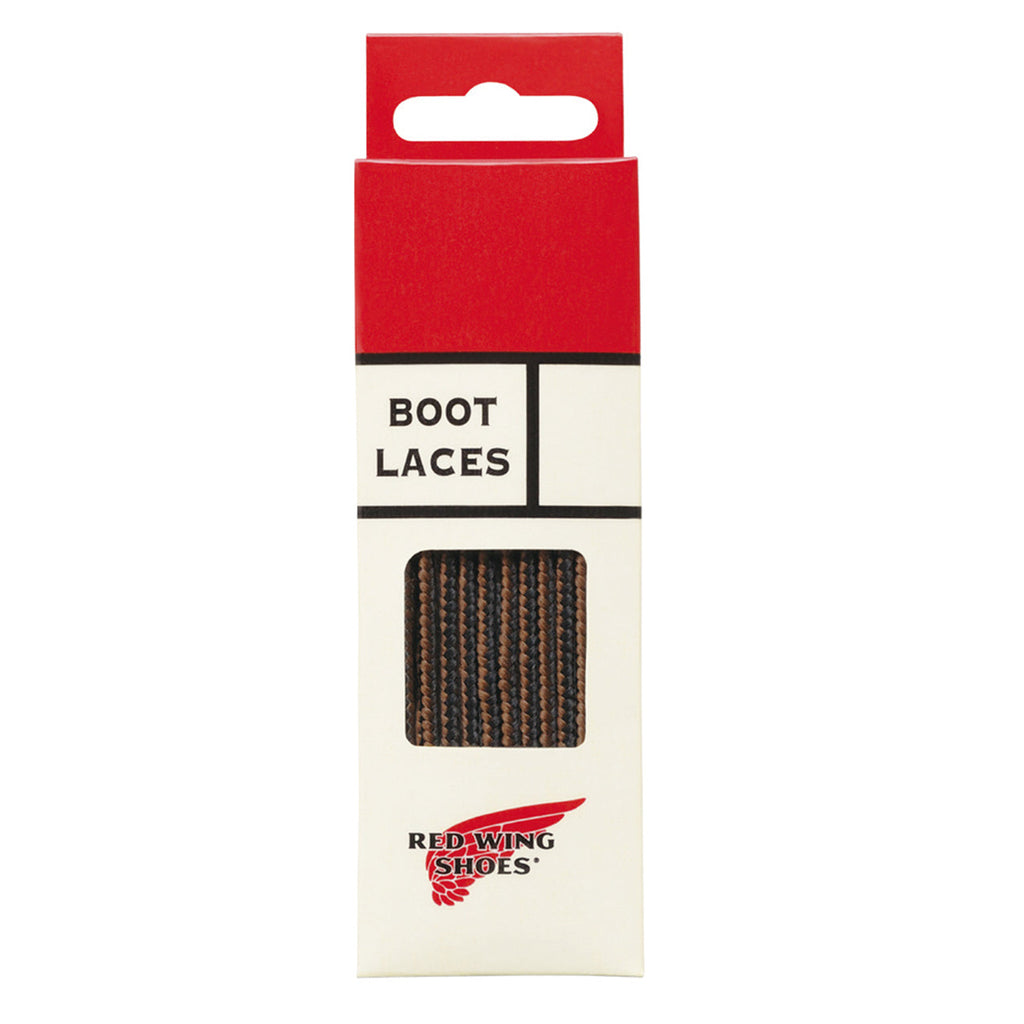 Red Wing Shoes boot laces in brown and black displayed in branded retail packaging box