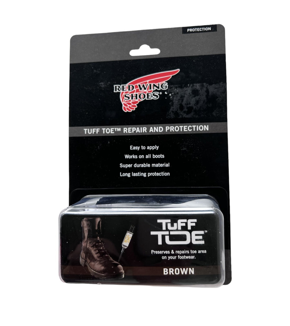 Red Wing Shoes Tuff Toe repair and protection product in retail packaging, brown color