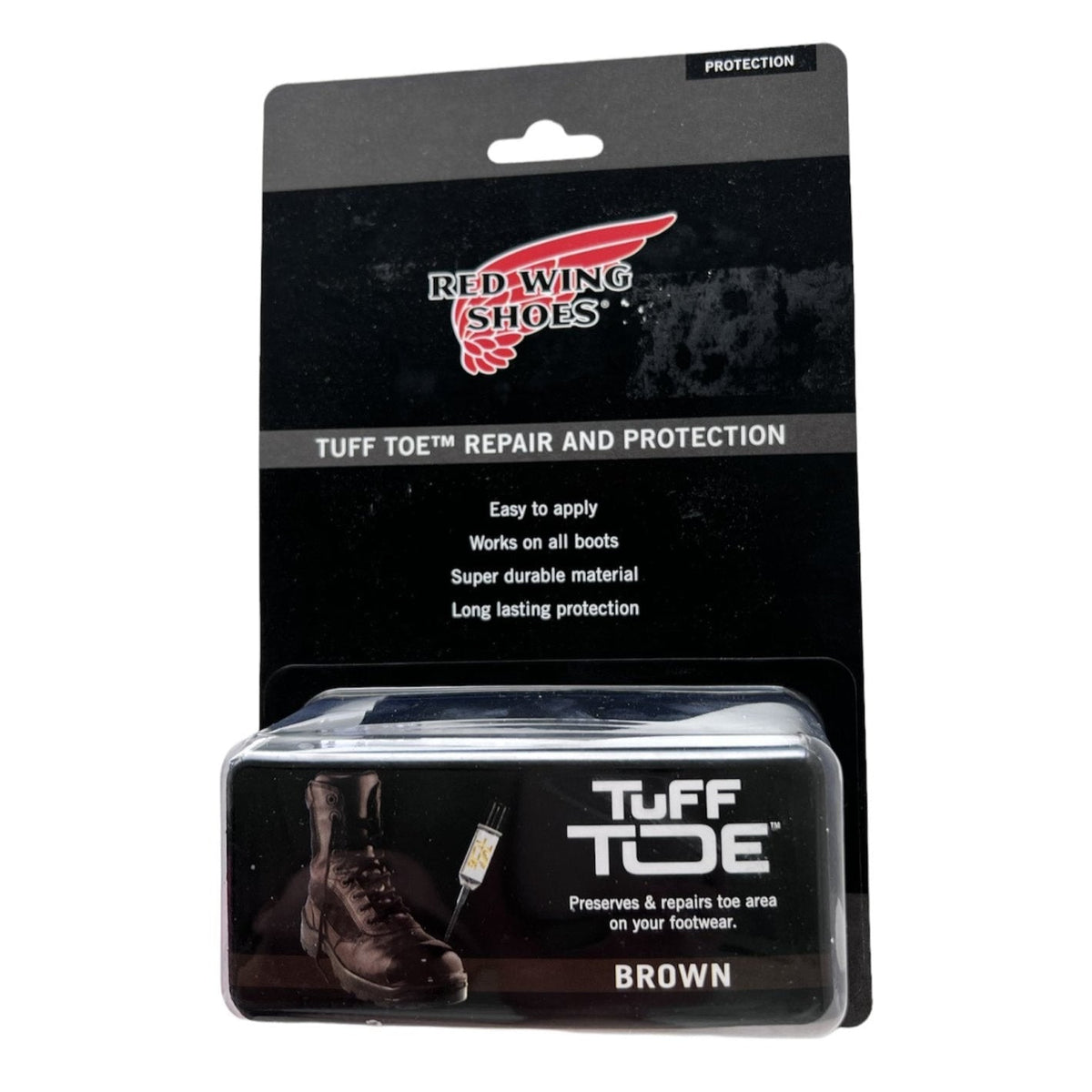 Red Wing Shoes Tuff Toe repair and protection product in retail packaging, brown formula