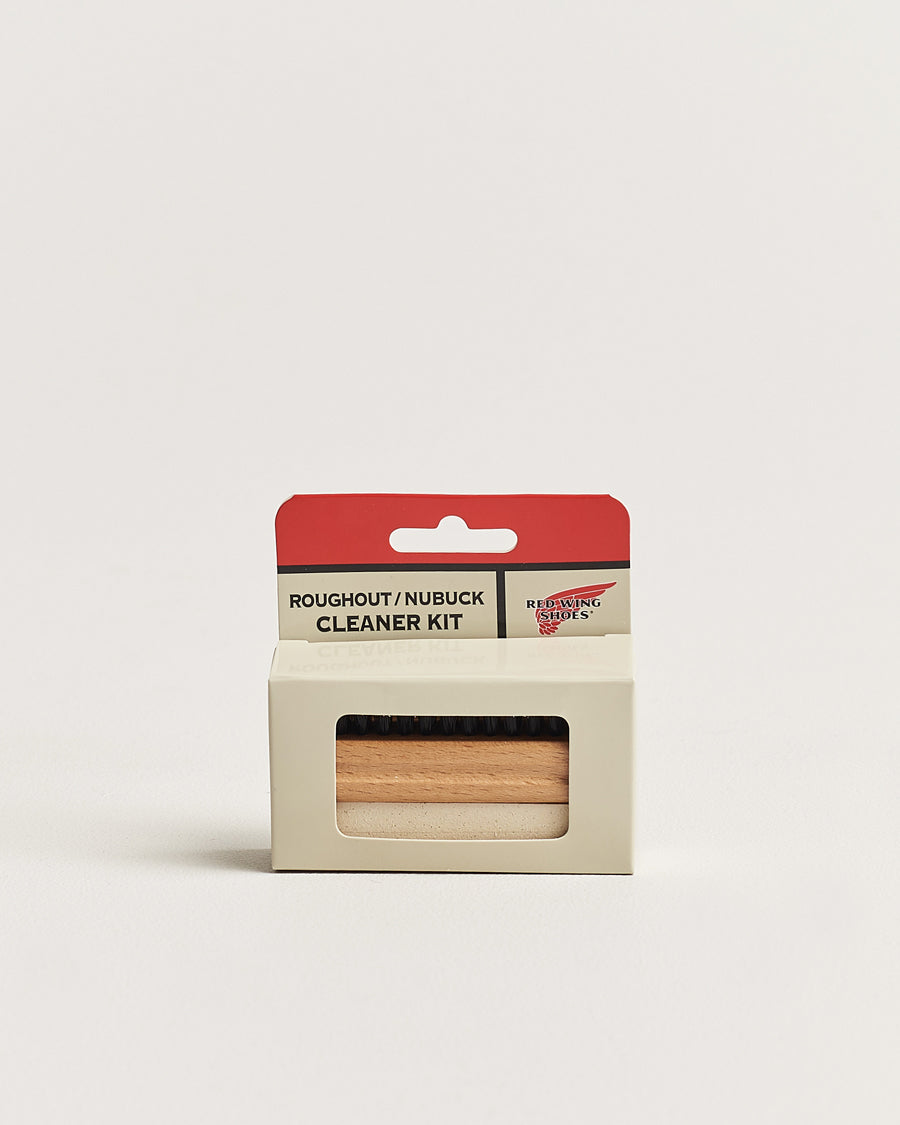 Red Wing Shoes Roughout Nubuck Cleaner Kit in retail packaging with brush visible