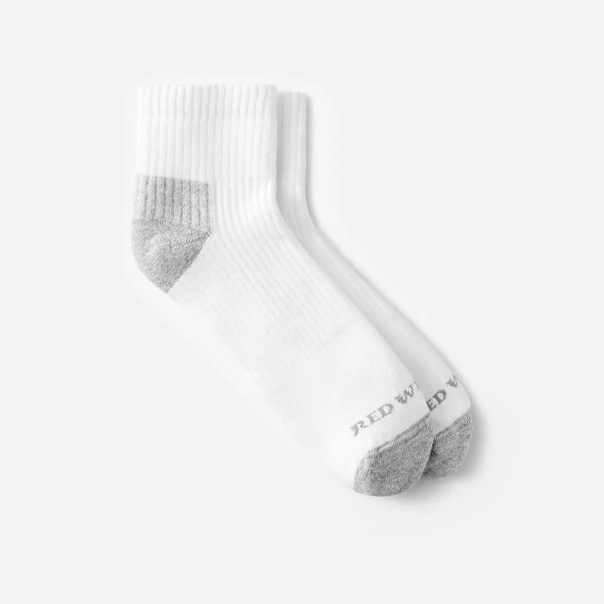 Red Wing white crew socks with grey heel and toe, shown as a pair