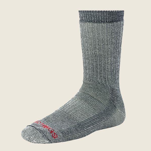 Red Wing merino wool crew sock displayed upright showing ribbed texture and logo detail
