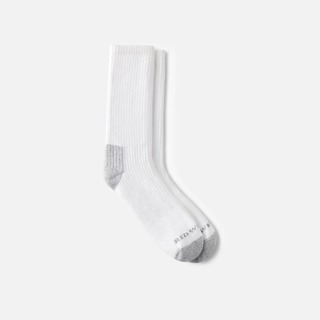 Red Wing crew socks in white with grey heel and toe reinforcement, ribbed shaft