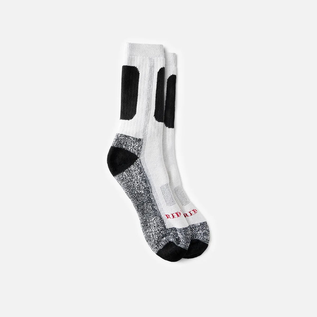 Red Wing performance crew socks in white with black heel, toe, and side padding panels