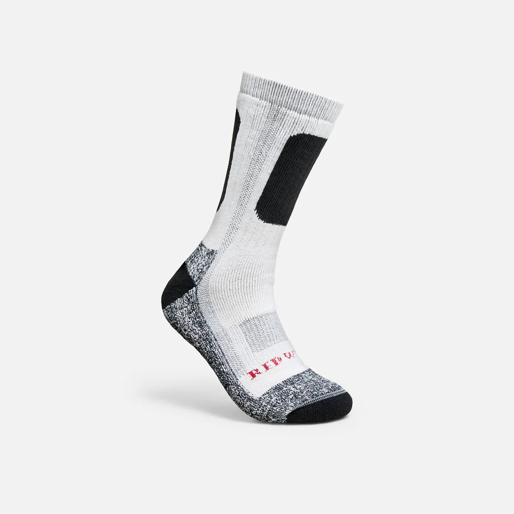 Red Wing performance crew sock in white with black accents and cushioned sole