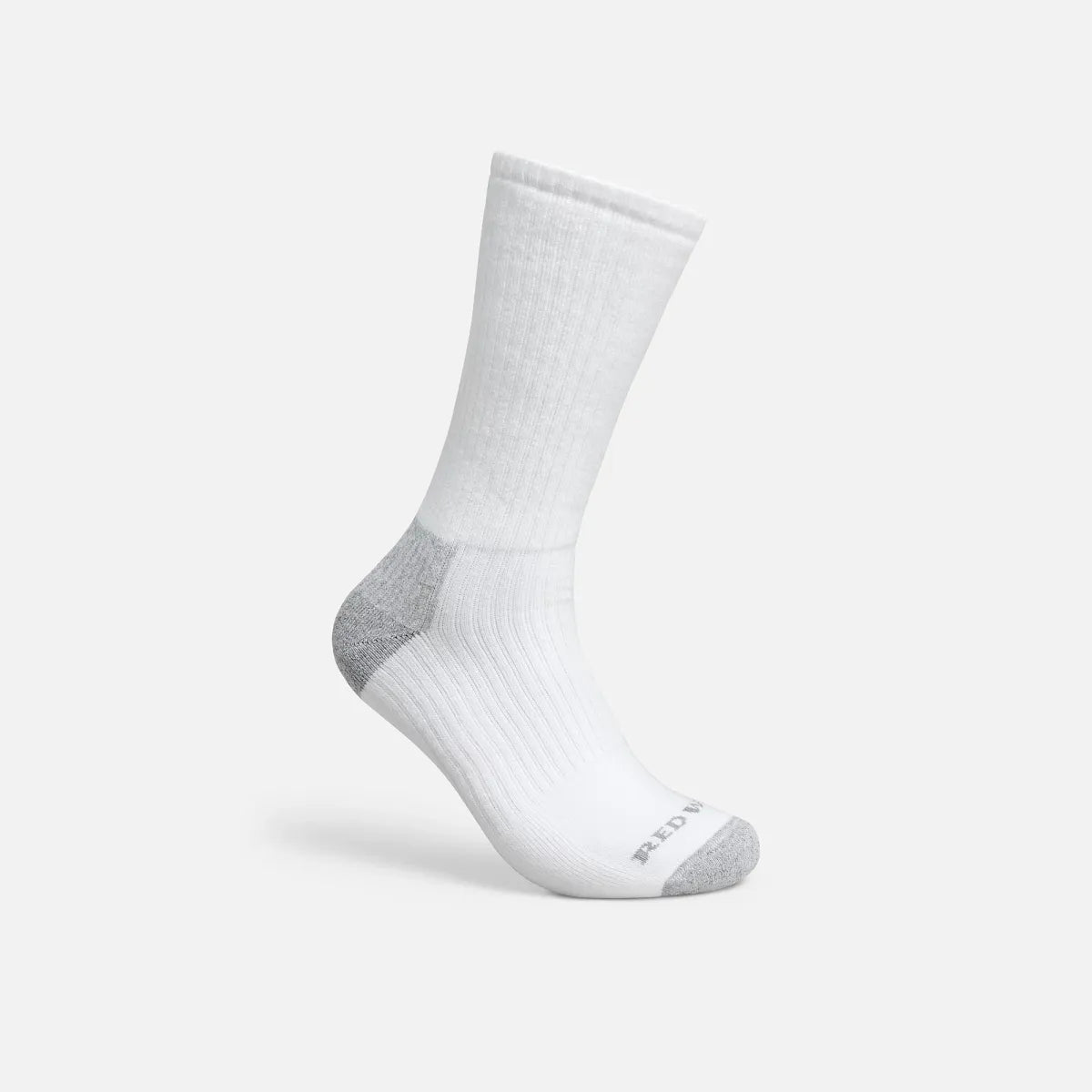 Red Wing crew sock with grey heel and toe reinforcement, displayed upright on seamless background
