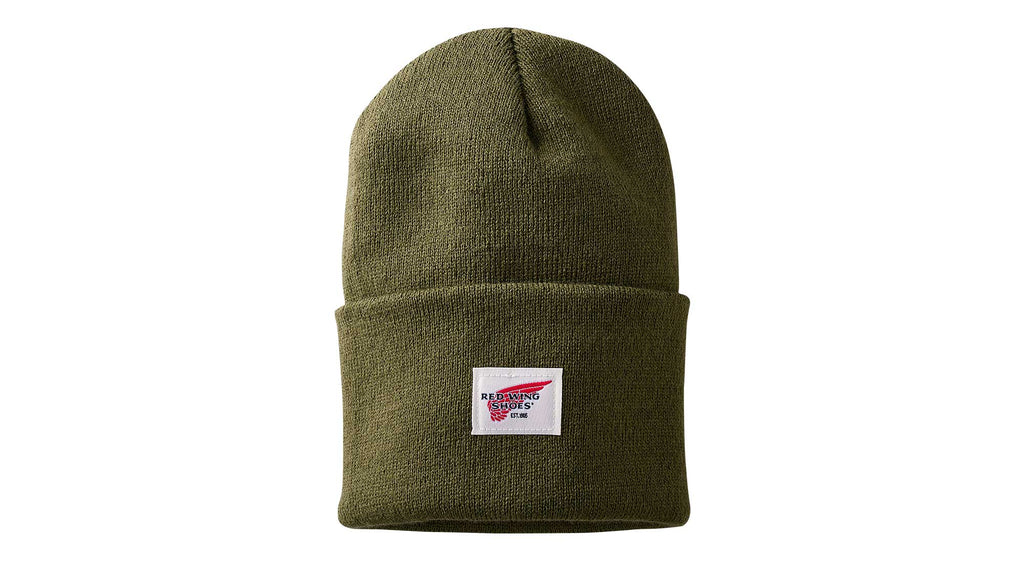 Red Wing Shoes logo knit beanie with folded cuff and woven brand patch on front