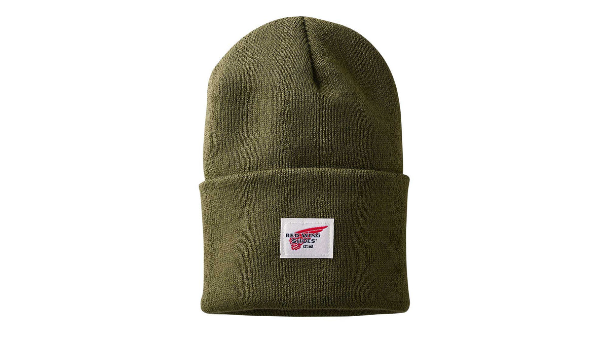 Red Wing Shoes logo knit beanie with folded cuff and woven brand patch on front