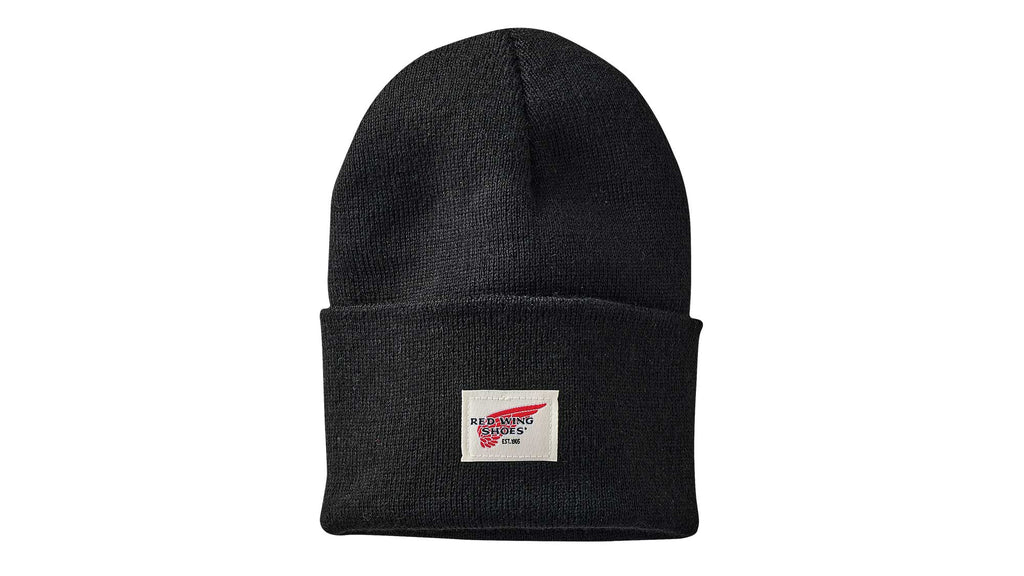 Red Wing Shoes logo knit beanie with folded cuff on white background