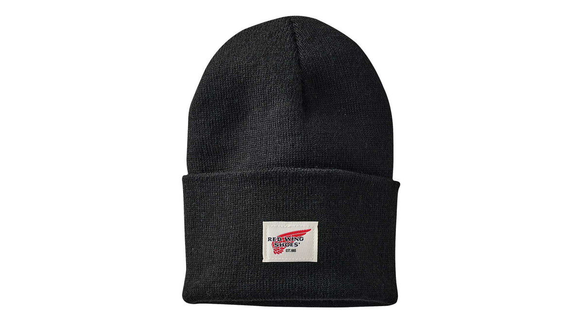 Red Wing Shoes logo knit beanie with folded cuff on white background