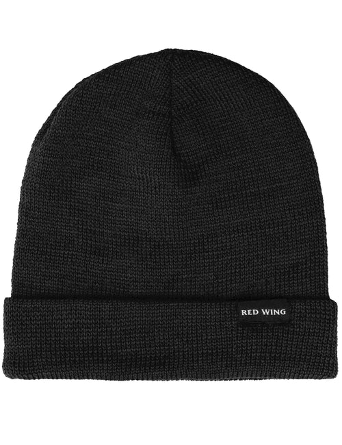 Red Wing black knit wool beanie hat with folded cuff and branded label