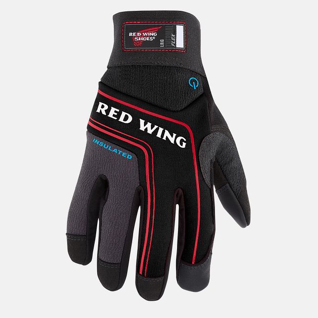 Red Wing insulated thermal flex safety glove in black with red accent stripes, palm view