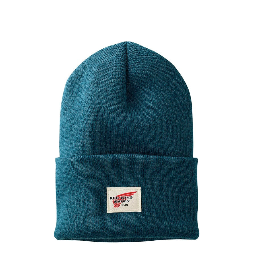 Red Wing Shoes logo knit beanie in teal blue with folded cuff and patch label