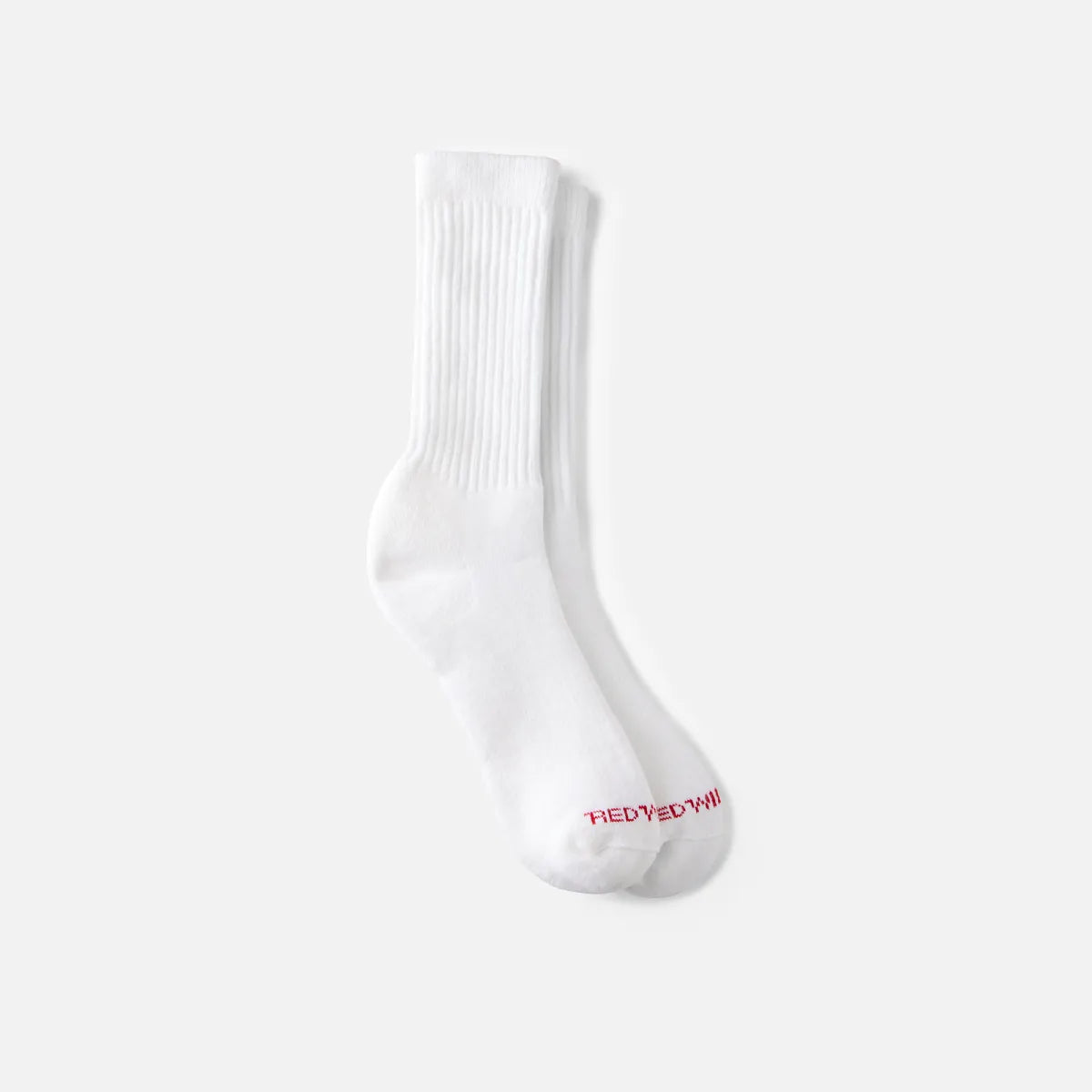 Red Wing white crew socks with ribbed cuff and red logo text on toe