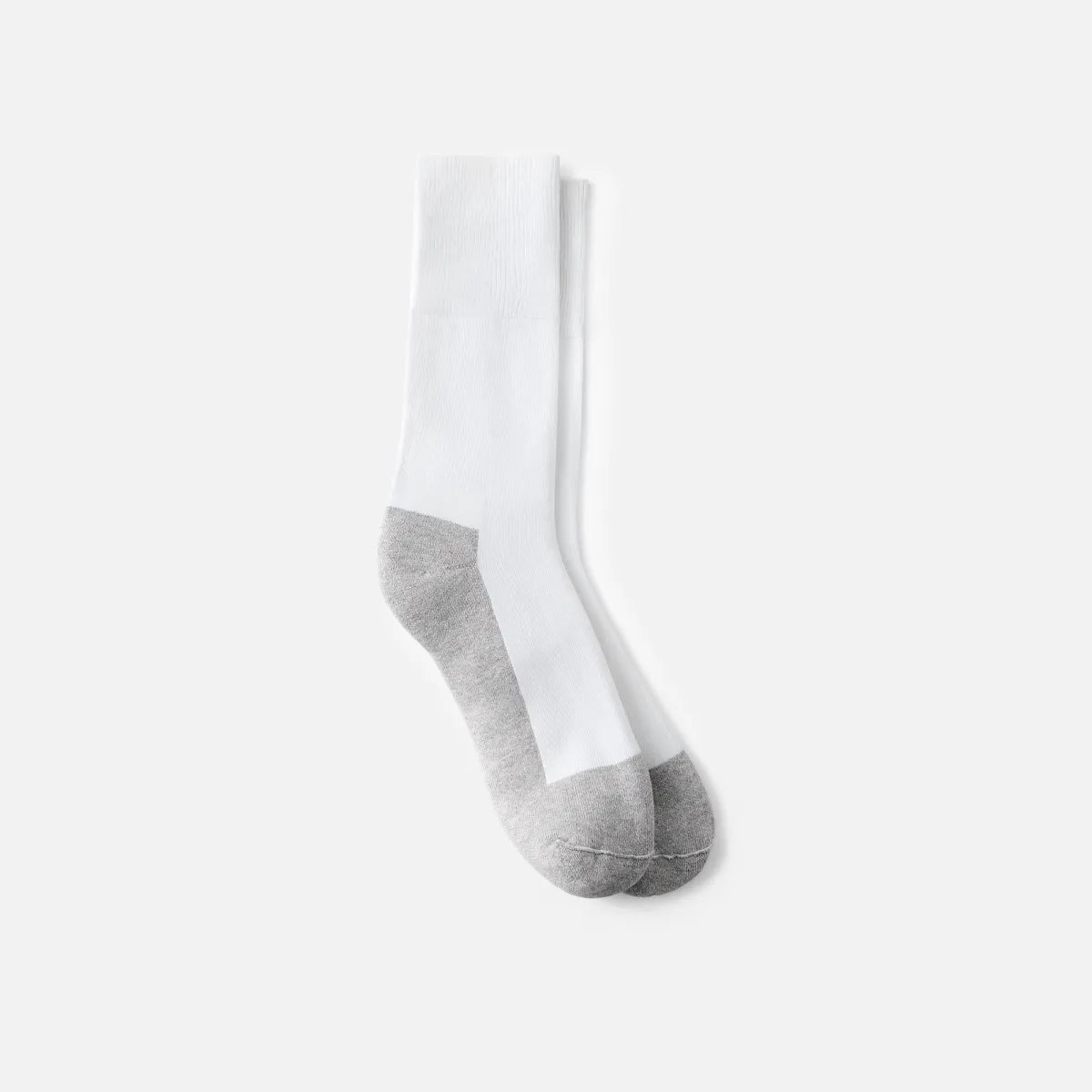 Crew-length white diabetic sock with grey reinforced heel and toe, laid flat