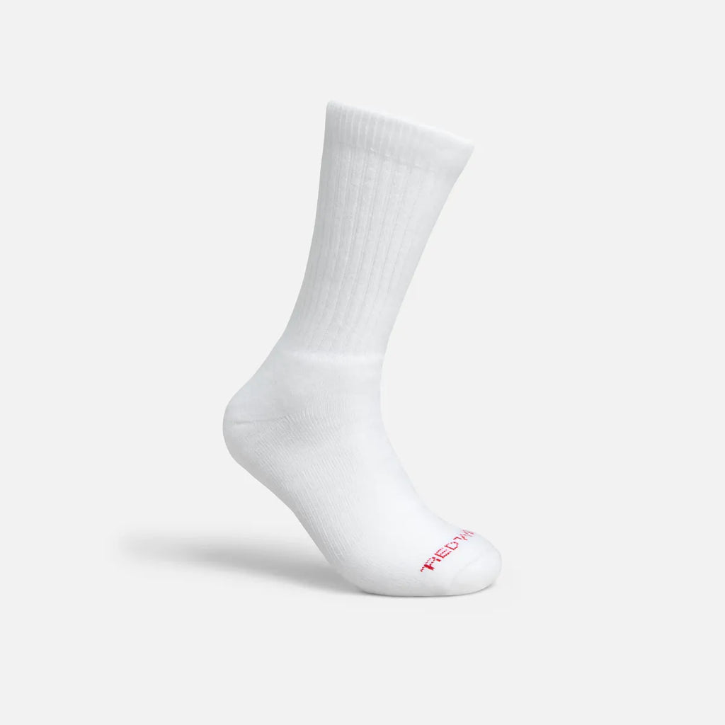 Red Wing white crew sock displayed upright showing ribbed shaft and cushioned sole