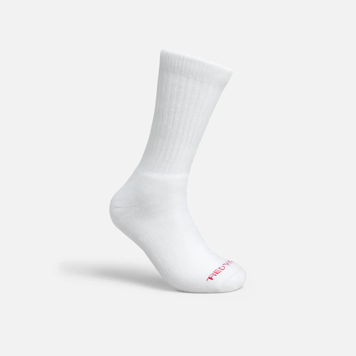 Red Wing white crew sock displayed upright showing ribbed shaft and cushioned sole