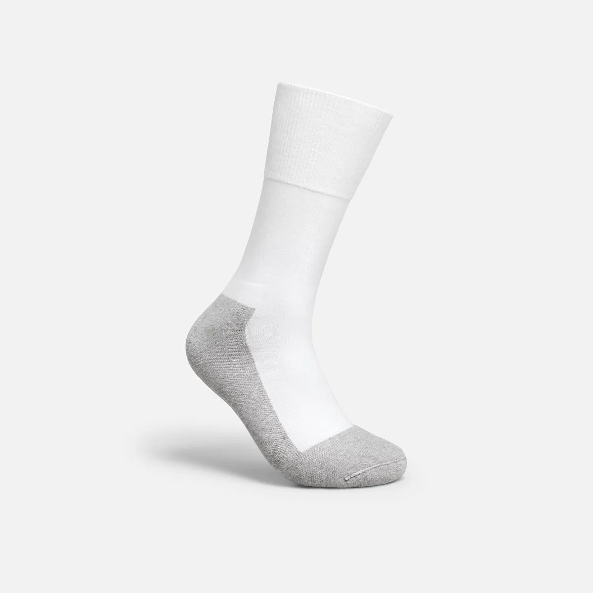 White crew-length diabetic sock with light gray reinforced heel and toe displayed upright
