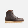 Red Wing mens lace-up moc toe leather boot with cream wedge sole, side profile view