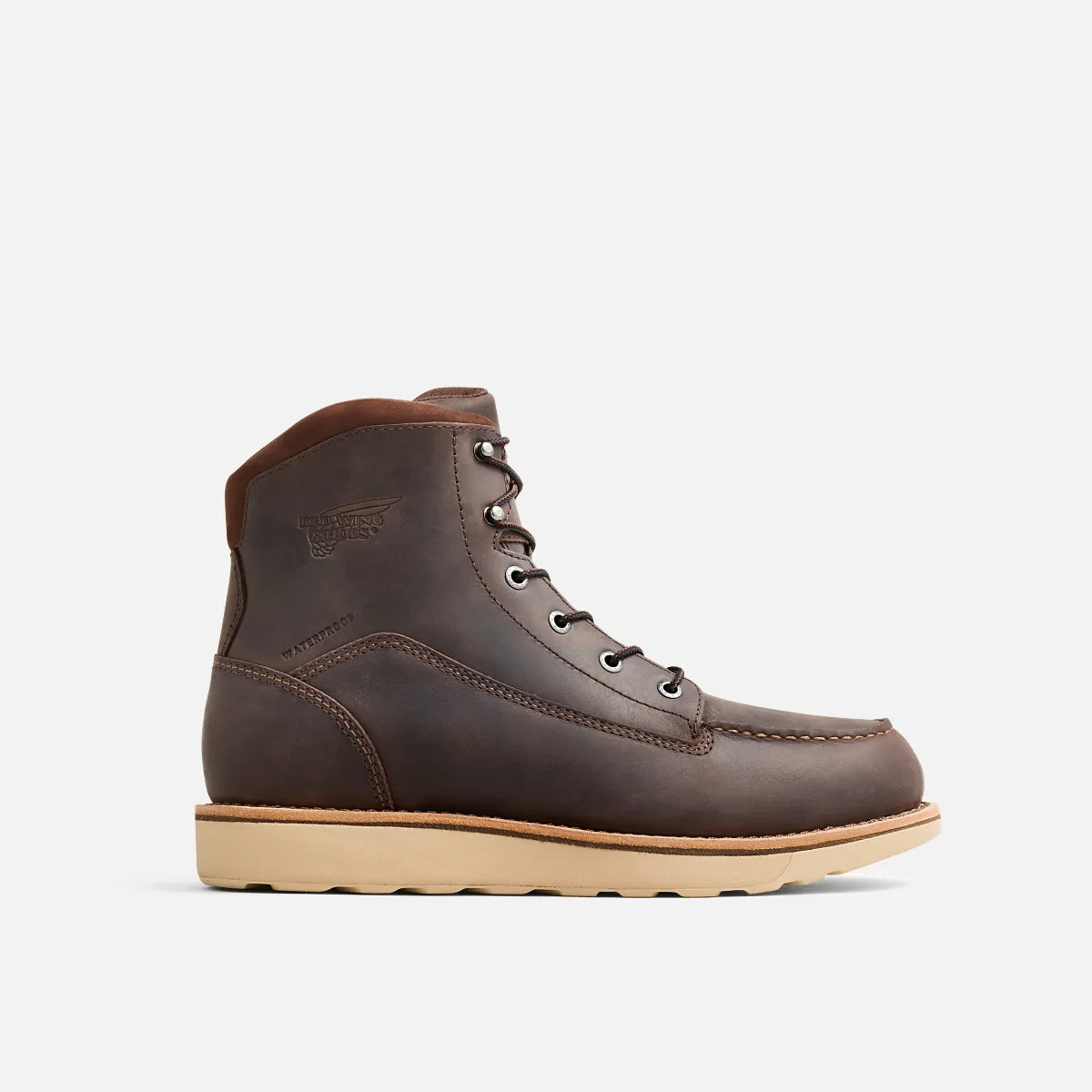 Red Wing mens lace-up moc toe leather boot with cream wedge sole, side profile view
