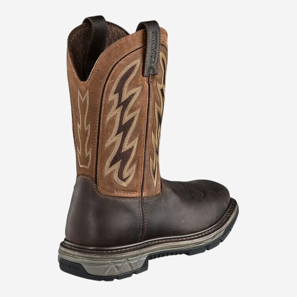 Red Wing mens pull-on western work boot with embroidered shaft and rugged outsole, rear view