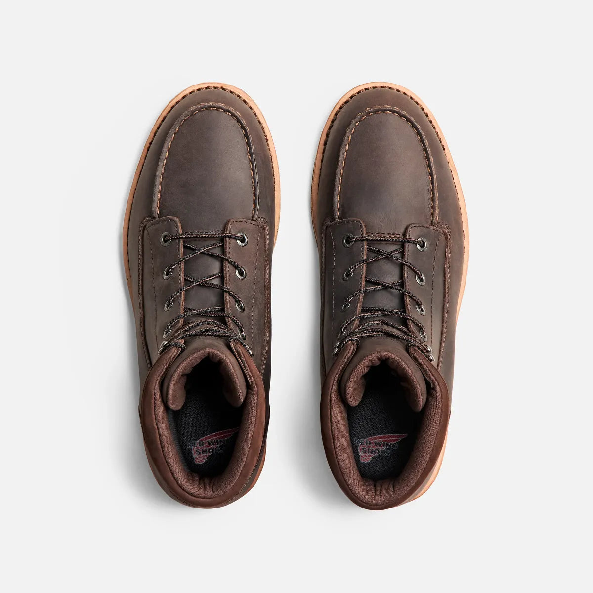 Red Wing men's moc-toe lace-up leather boots viewed from above, showing pair