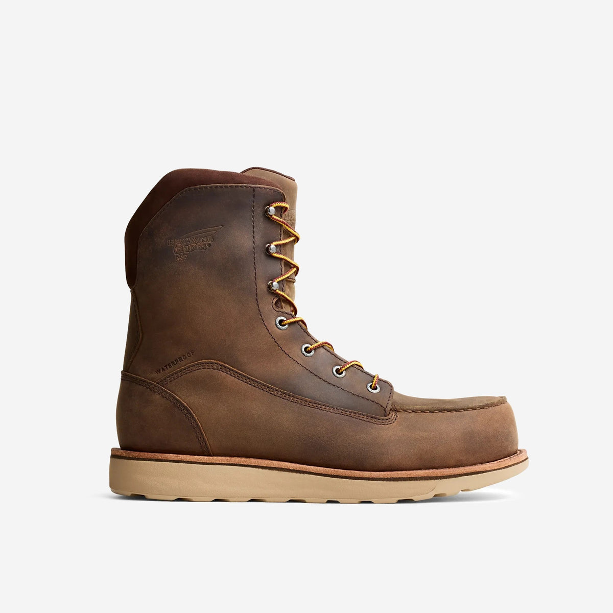 Red Wing men's tall lace-up leather work boot with moc toe and wedge sole