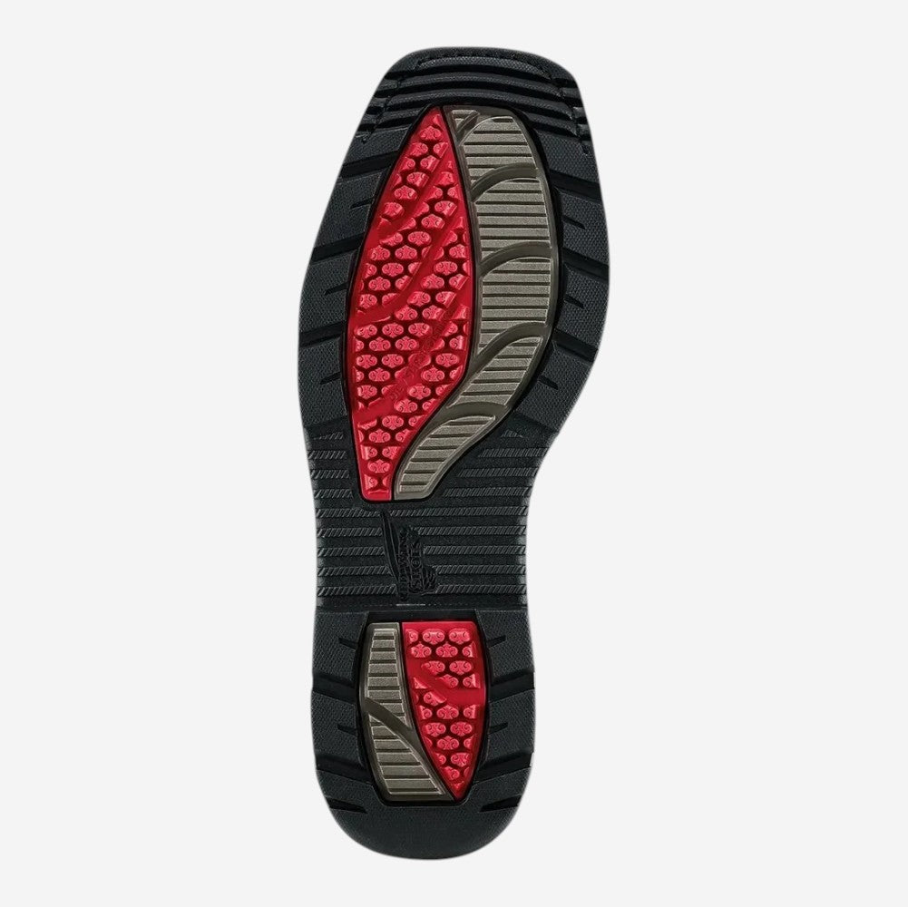 Bottom sole view of a pull-on boot with red and gray textured grip zones