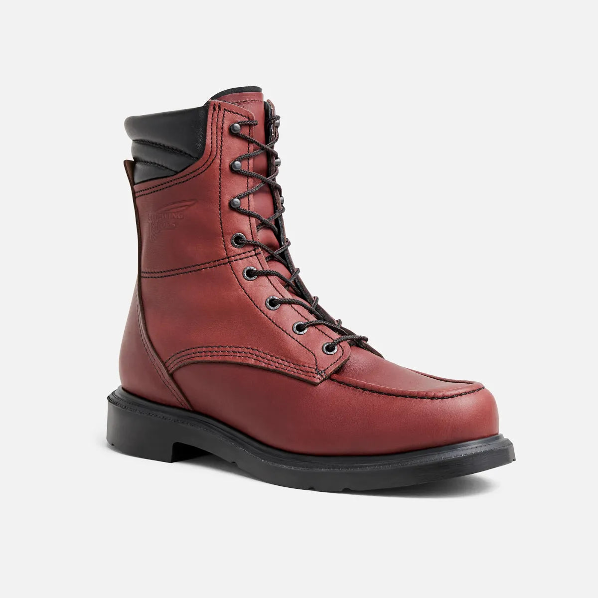 Red Wing mens lace-up leather work boot with moc toe and rubber outsole