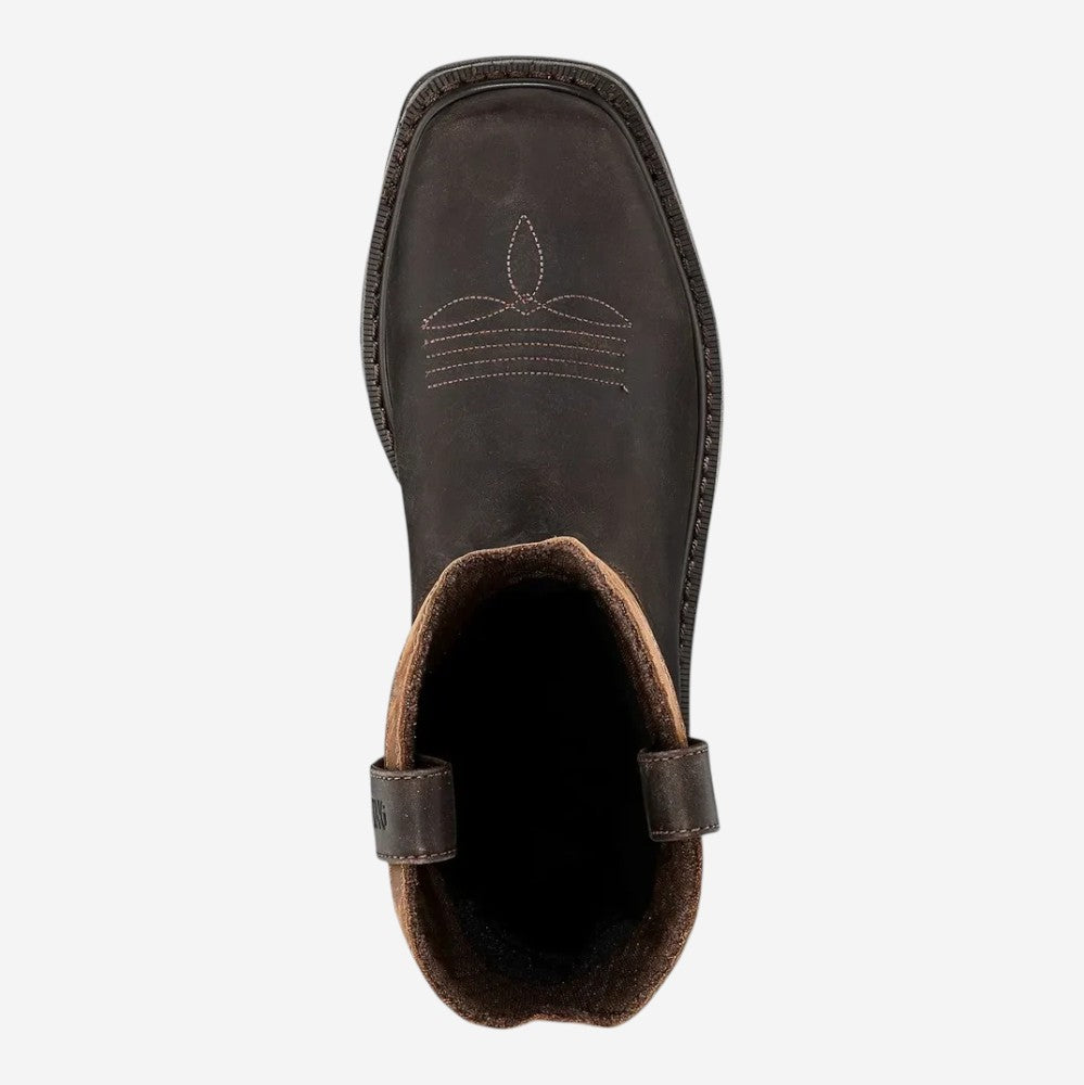 Top-down view of a dark brown leather pull-on western work boot with decorative stitching