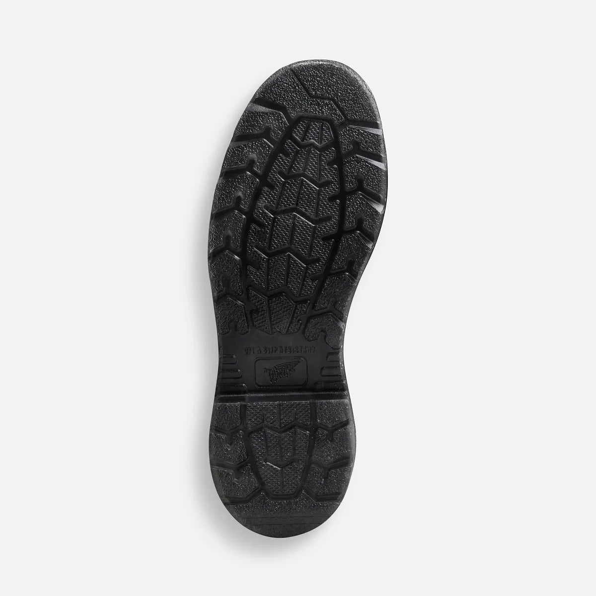 Bottom sole view of Red Wing steel toe work boot showing aggressive tread pattern