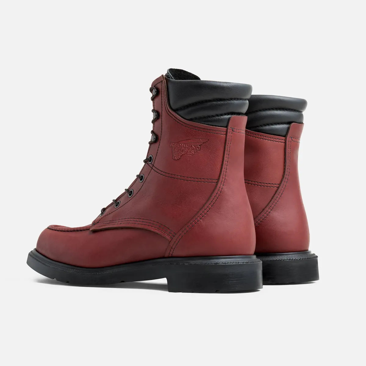 Red Wing Supersole 2.0 8-inch lace-up work boots shown from rear three-quarter angle
