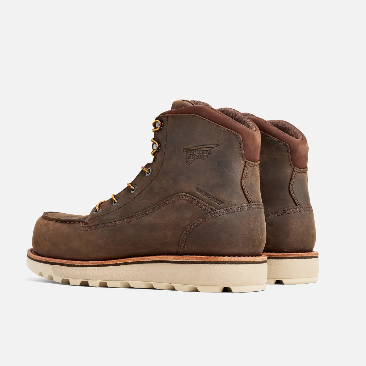 Red Wing men's 6-inch waterproof moc-toe work boots with cream lug sole, rear view