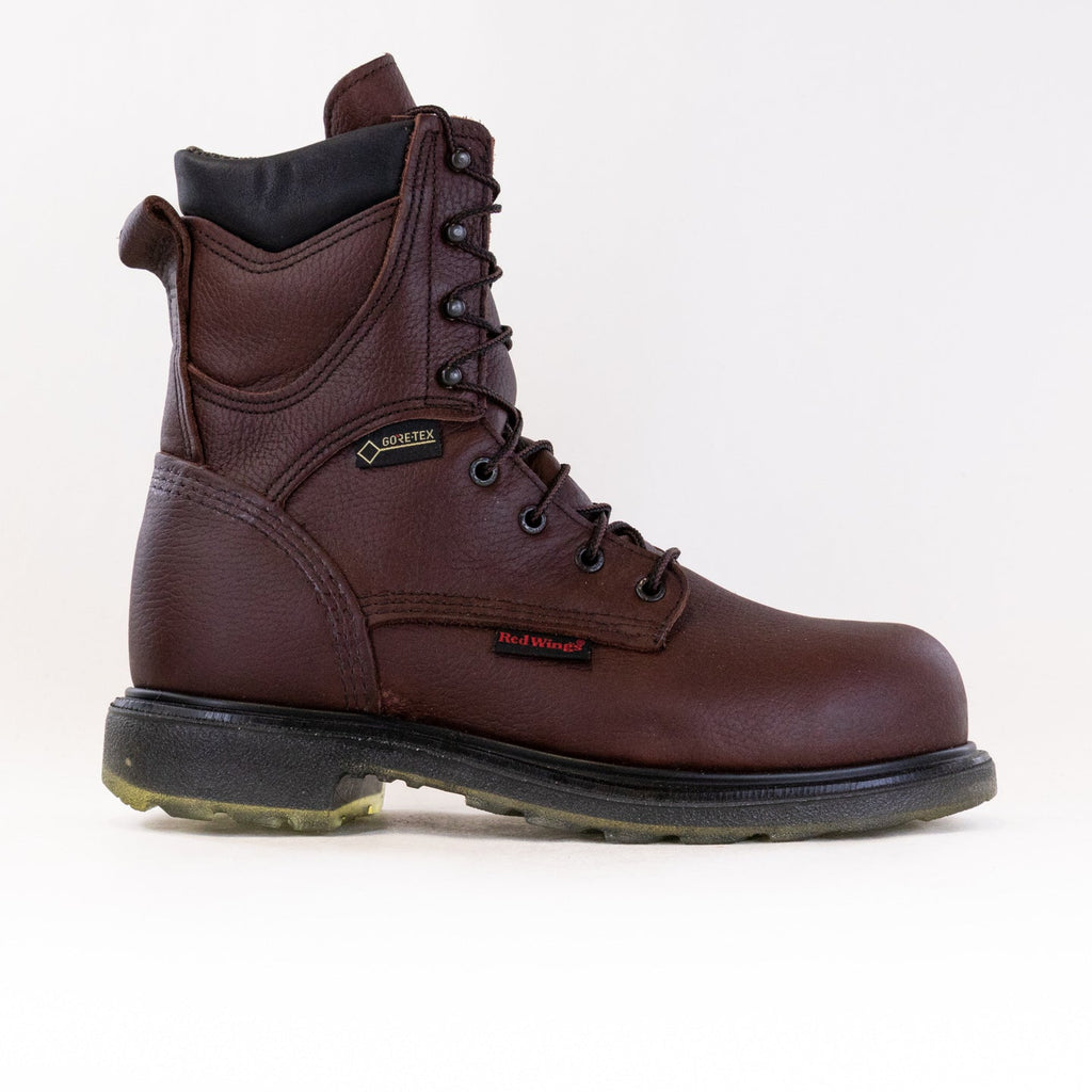 Red Wing steel toe waterproof work boot with GORE-TEX lining and lug sole, lateral view