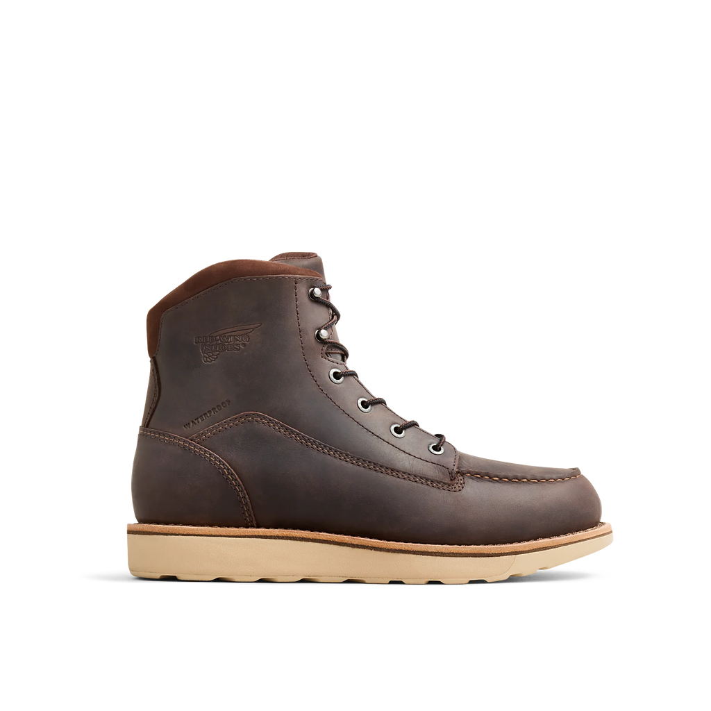 Red Wing mens lace-up waterproof leather work boot with moc toe and wedge sole