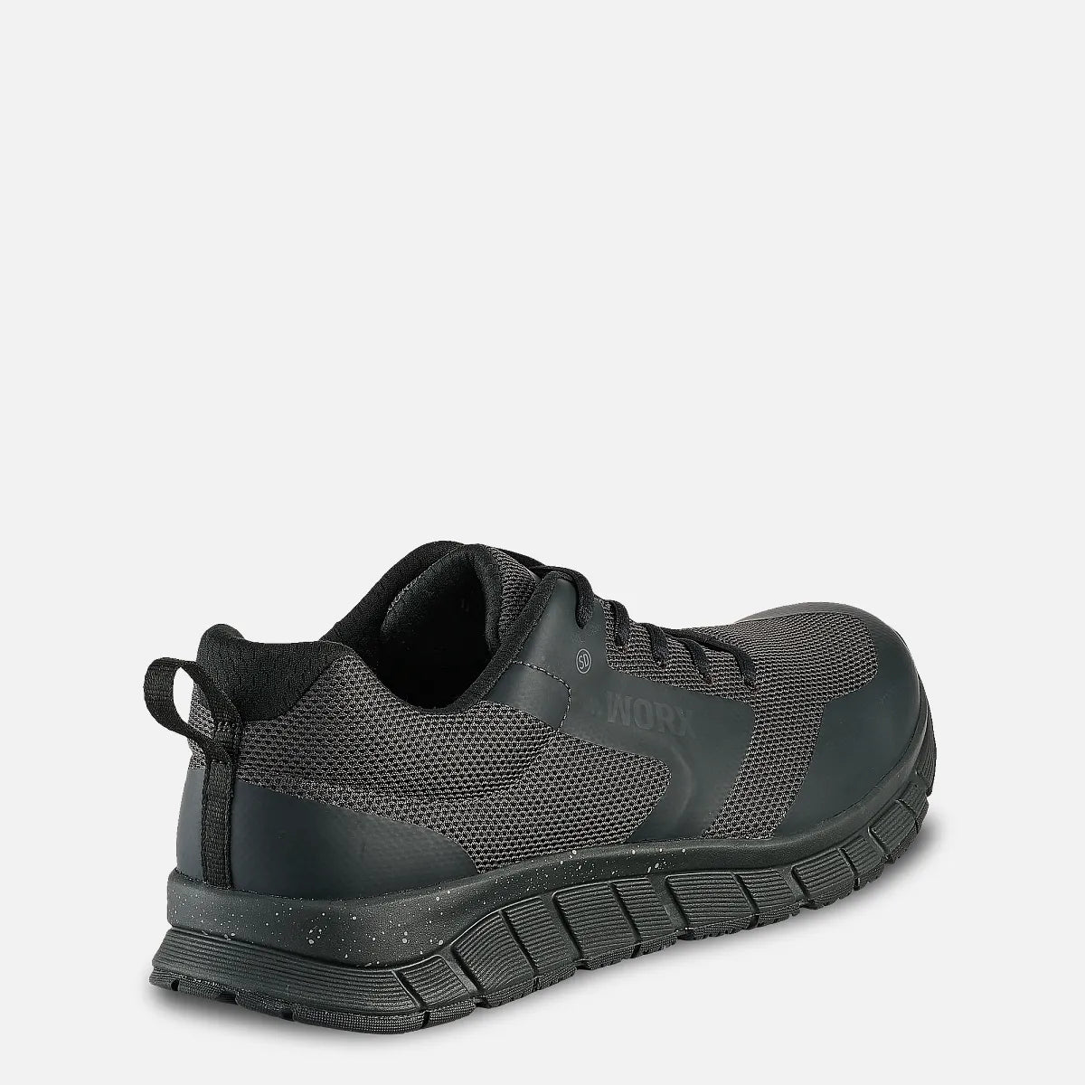 Red Wing mens oxford work sneaker shown from rear angle displaying mesh upper and lug sole