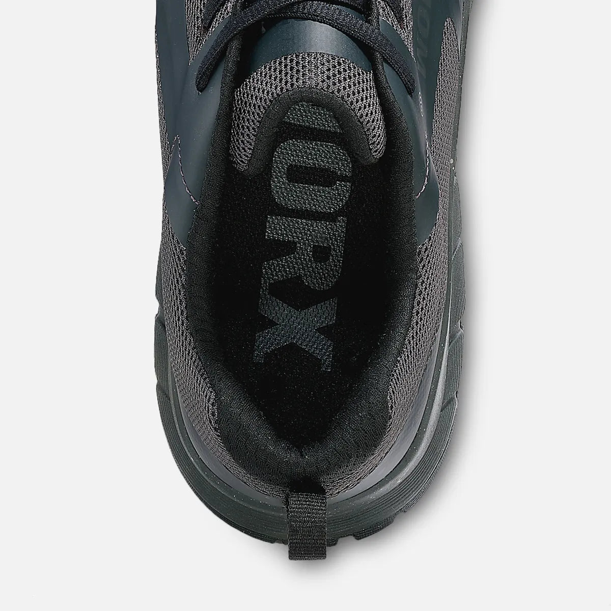 Top-down view of a black lace-up oxford work shoe with mesh upper and thick sole
